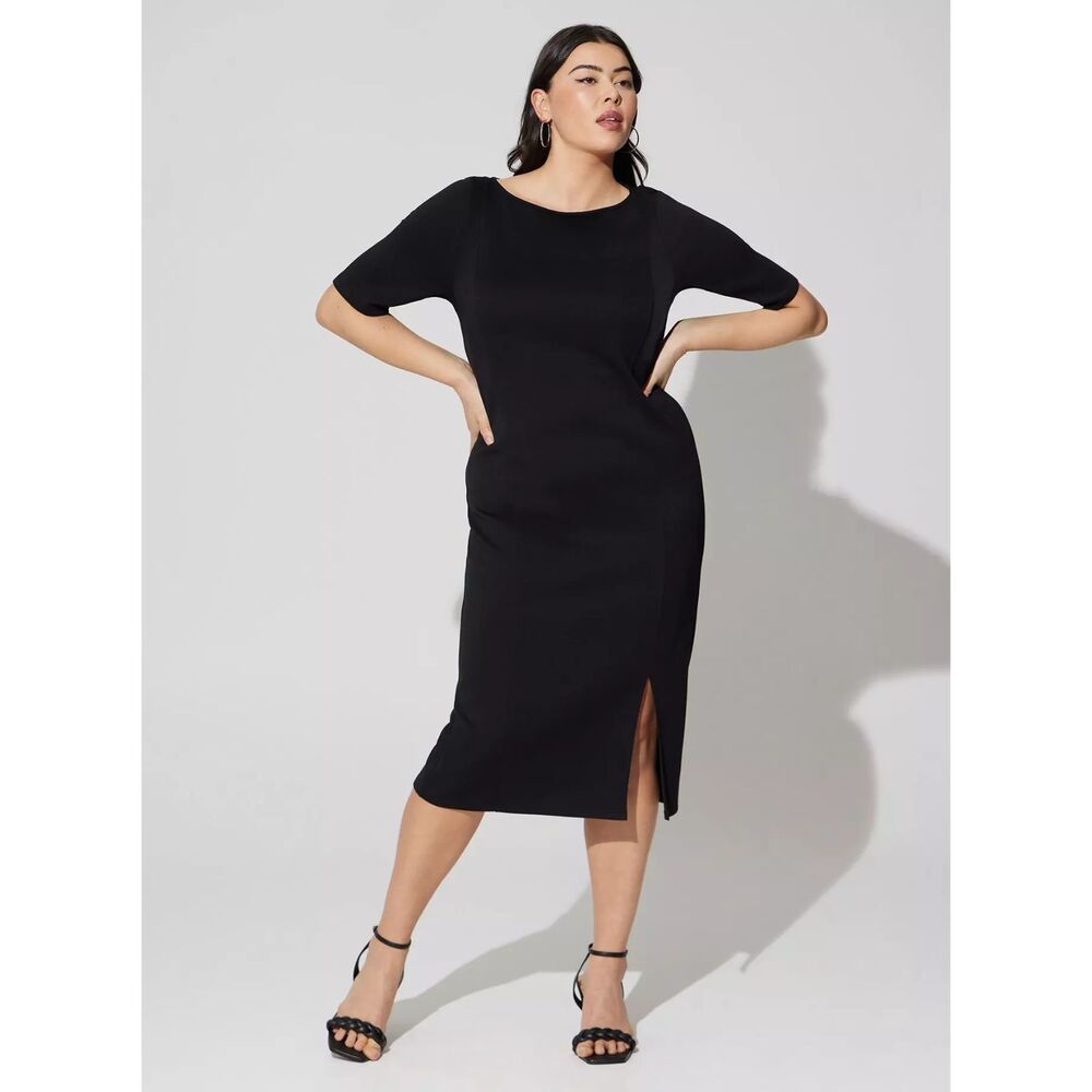 NWT Torrid 4X Deep Black Midi Studio Cupro Elbow Sleeve Bodycon Dress Size 26 - Picture 2 of 8